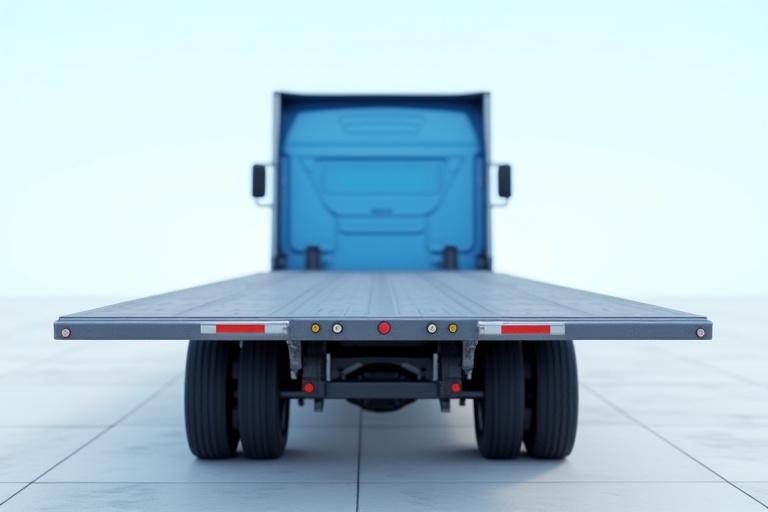 An empty flatbed tractor-trailer ready for a load